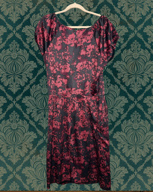 Burgundy & Black Floral Cap Sleeved Satin Dress w/ Pockets