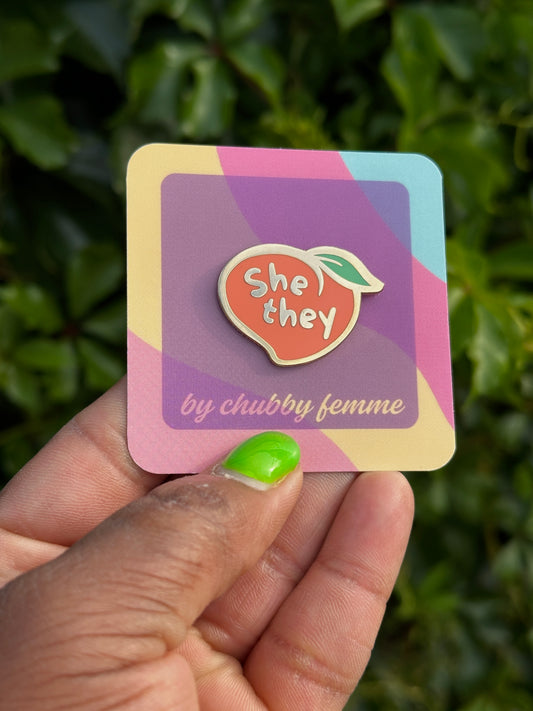 She/They Chubby Peach Pronoun Pin