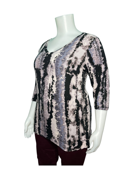 Blueish Grey, Black & Pink Abstract 3/4 Sleeved Patterned Shirt