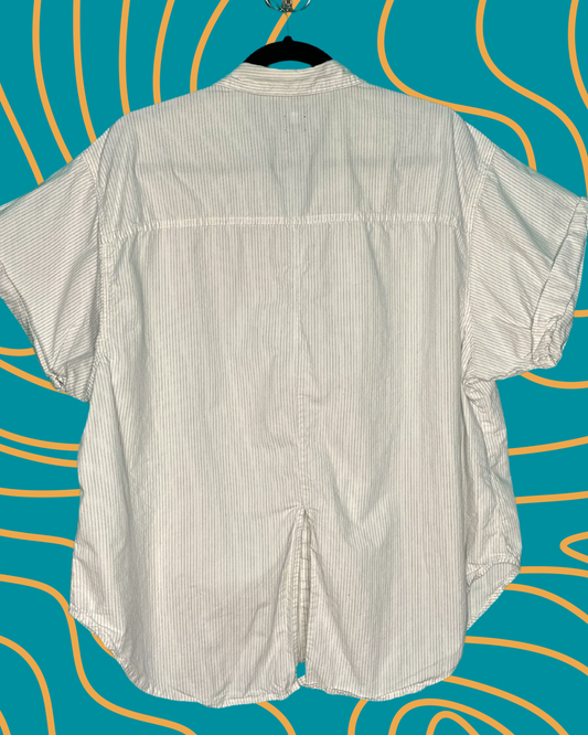 White w/ Tiny Pin Stripped Short Sleeved Button up w/ Cactus Embroidered Detail