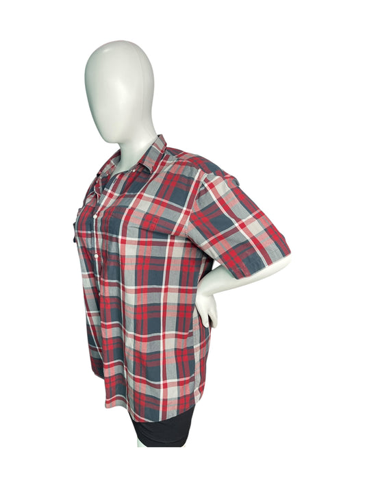 Red, Grey & White Plaid Short Sleeved Button Up
