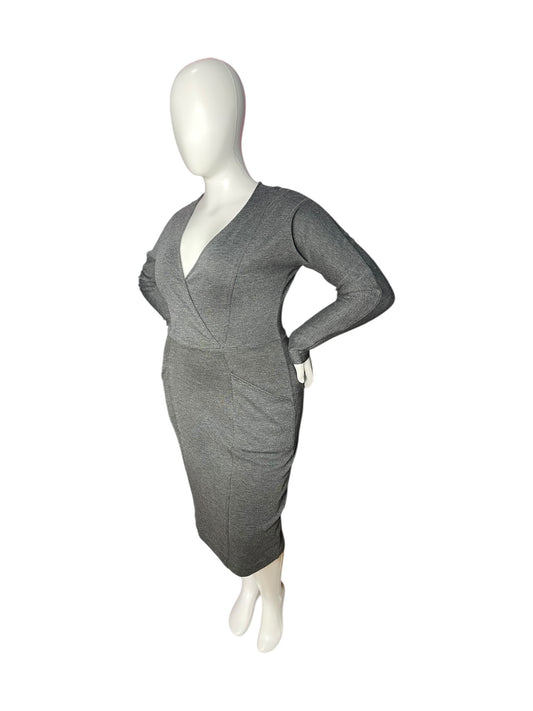 Grey V-Neck Long Sleeved Knee Length Dress