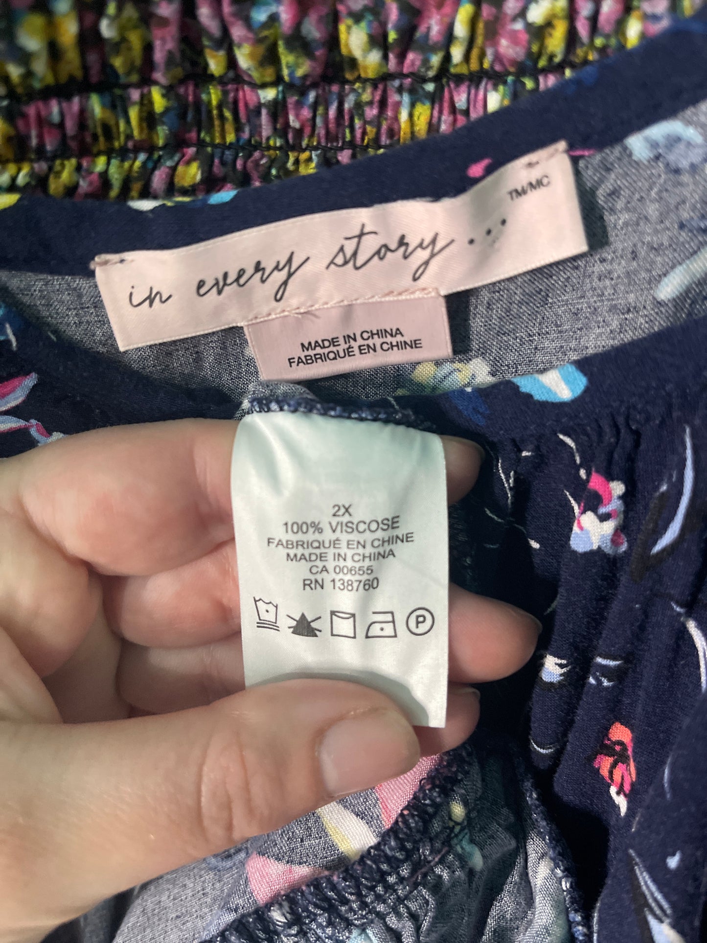 Navy Blue w/ Pink & Green Floral Patterned Cap Sleeve Dress