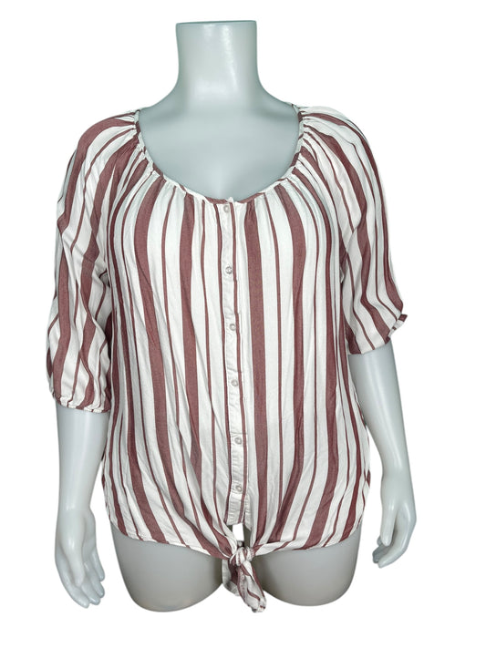 Burgundy and White Stripped 3/4 Sleeve Blouse with Front Tie