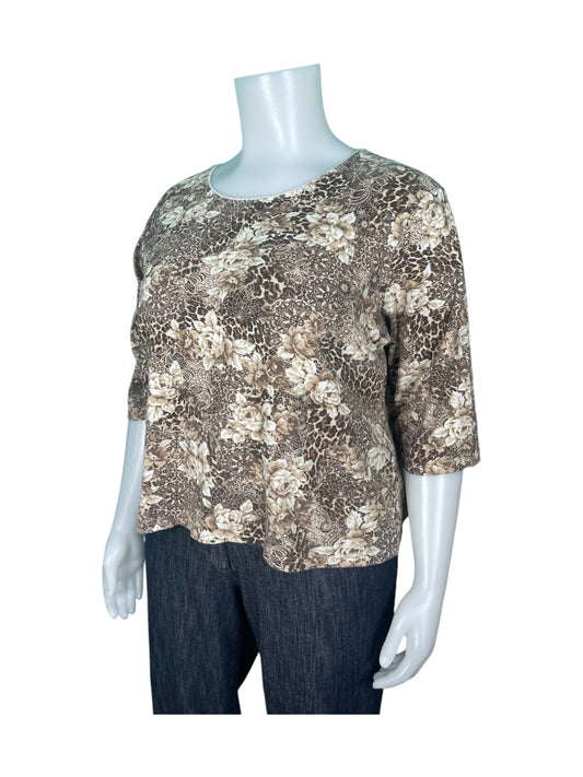 Cream & Brown Floral 3/4 Sleeve Top