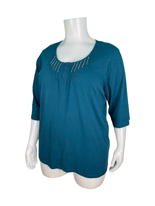 Blue 3/4 Sleeved Top W/ Beaded Neck Detail Top