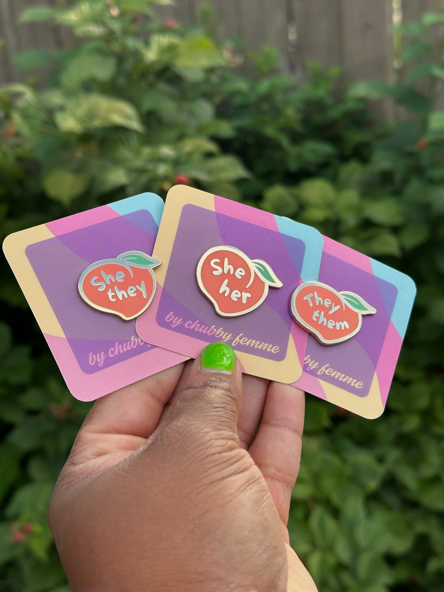 She/They Chubby Peach Pronoun Pin