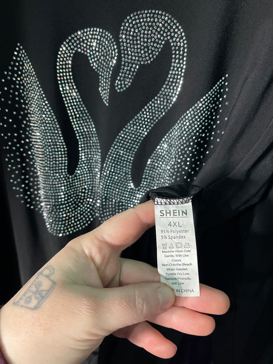 Black Sheer Long Sleeved Bodysuit with Rhinestone Swans