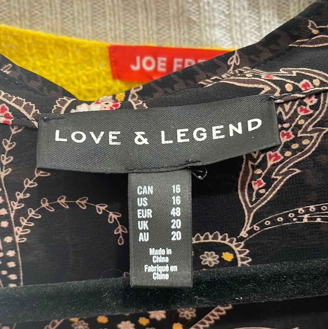 Sheer Black Button Up Blouse w/ ~Tan Floral & Subtle + Partial Houndstooths Pattern