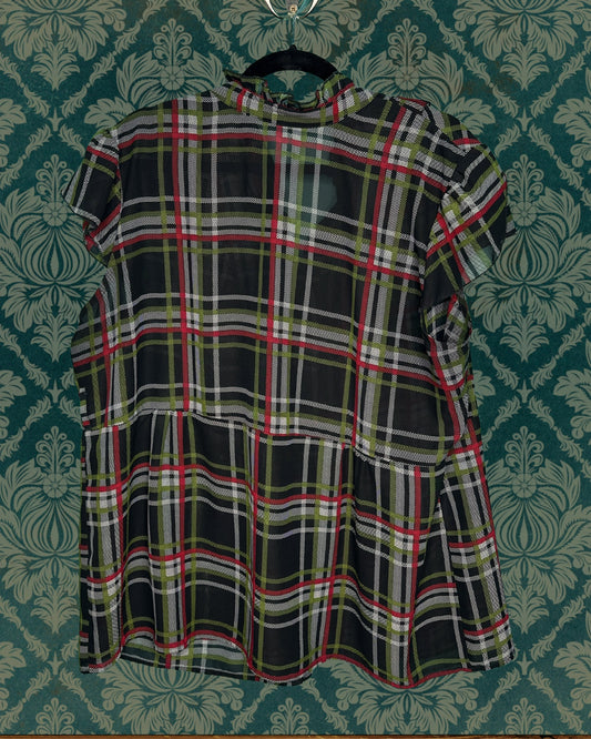 Black, Green, Red & White Plaid Cap Sleeved Blouse