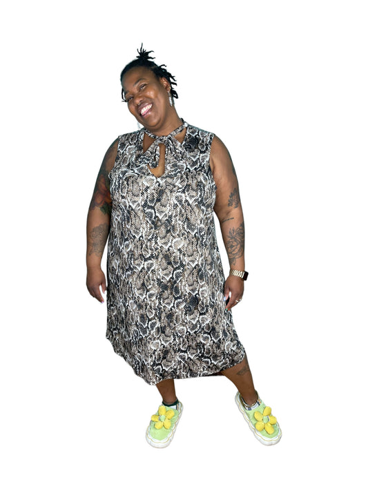 Beige, Black and White Snake Print Halter Pussybow Tye Dress