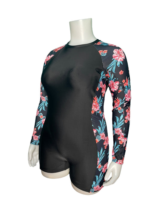 Black with Floral Long Sleeved Romper Swimsuit