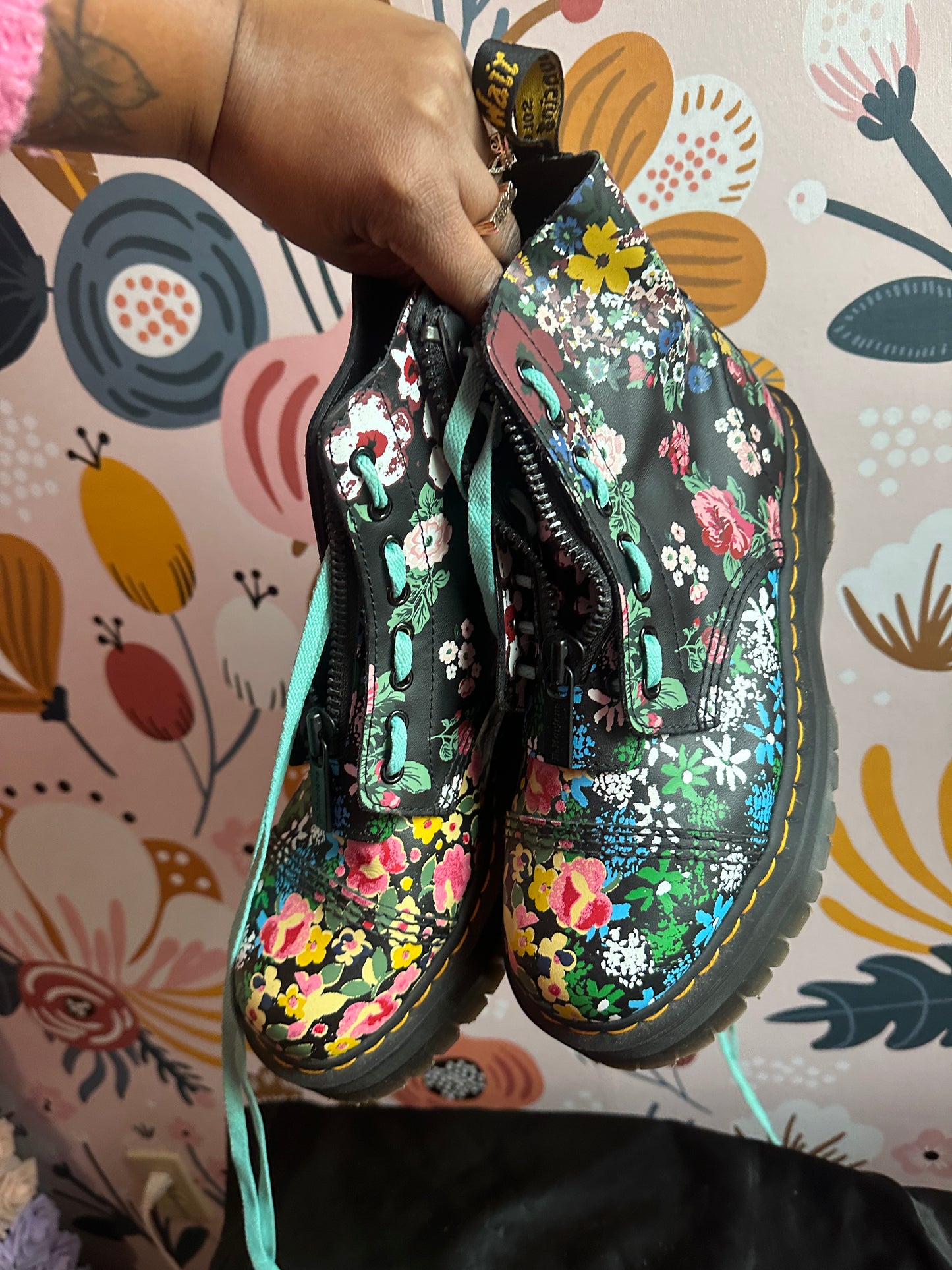 Black Floral Sinclair Platform Boots w/ Turquoise Laces