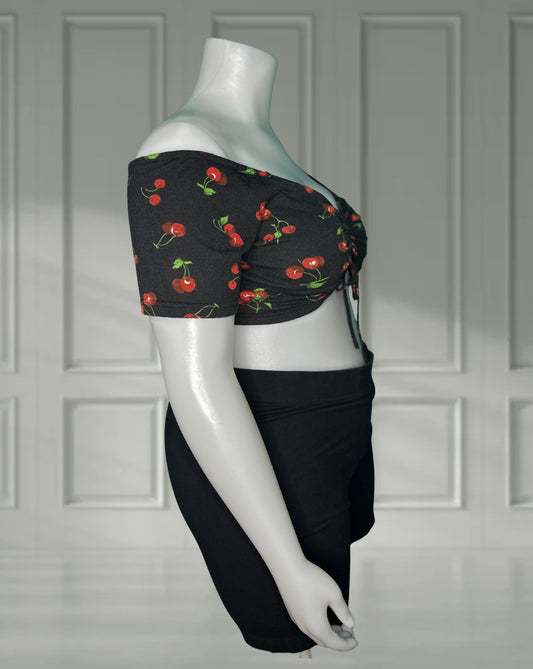 Black w/ Red Cherry Patterned Off the Shoulder Crop Top