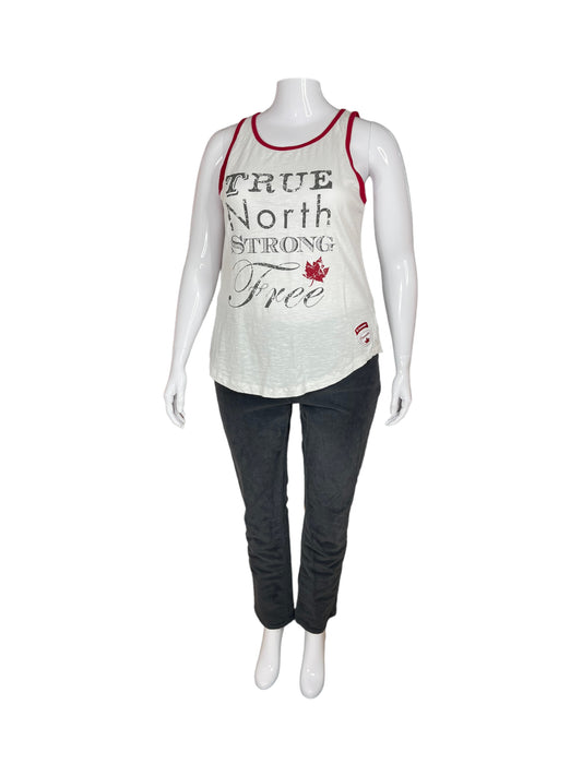 White 'TRUE NORTH STRONG & FREE’ Graphic Tank Top w/ Red Trim