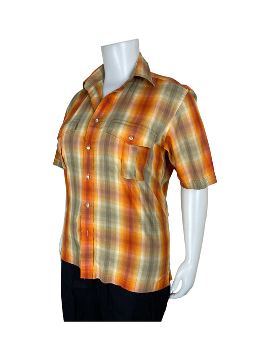 Orange Plaid Short Sleeved Button Up