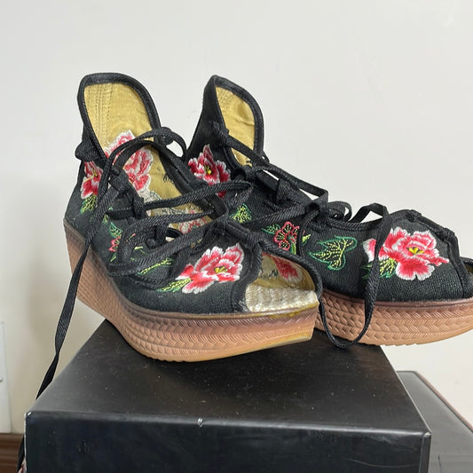 Black W/ Floral Embroidery Sandals