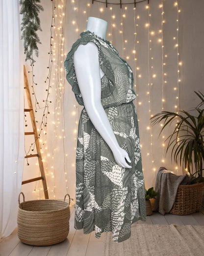 Olive Green & White Cap Ruffle Sleeves