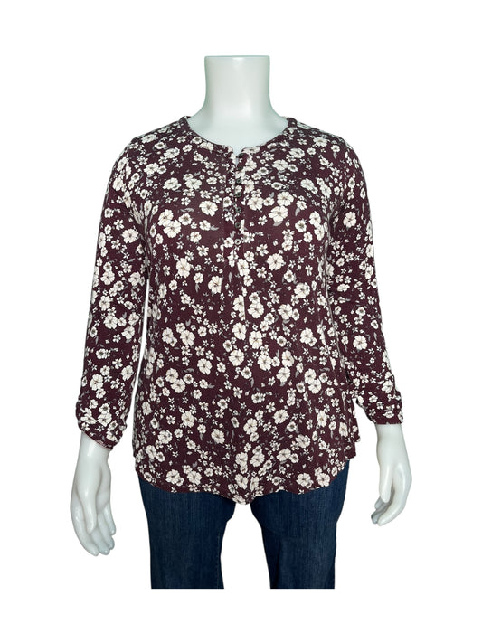 Burgundy with Cream Floral Pattern Long Sleeved Shirt