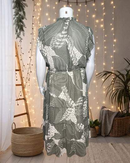 Olive Green & White Cap Ruffle Sleeves