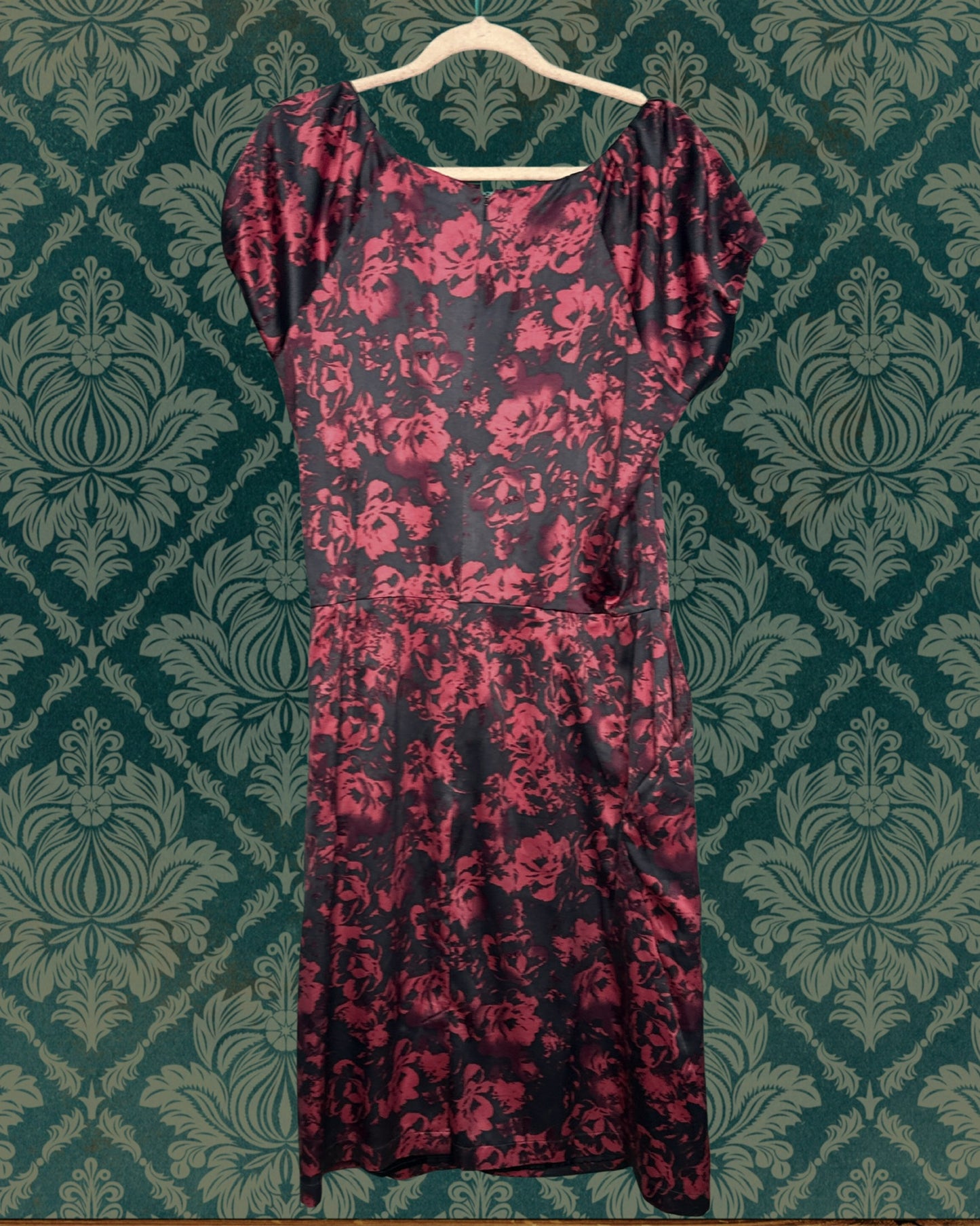Burgundy & Black Floral Cap Sleeved Satin Dress w/ Pockets
