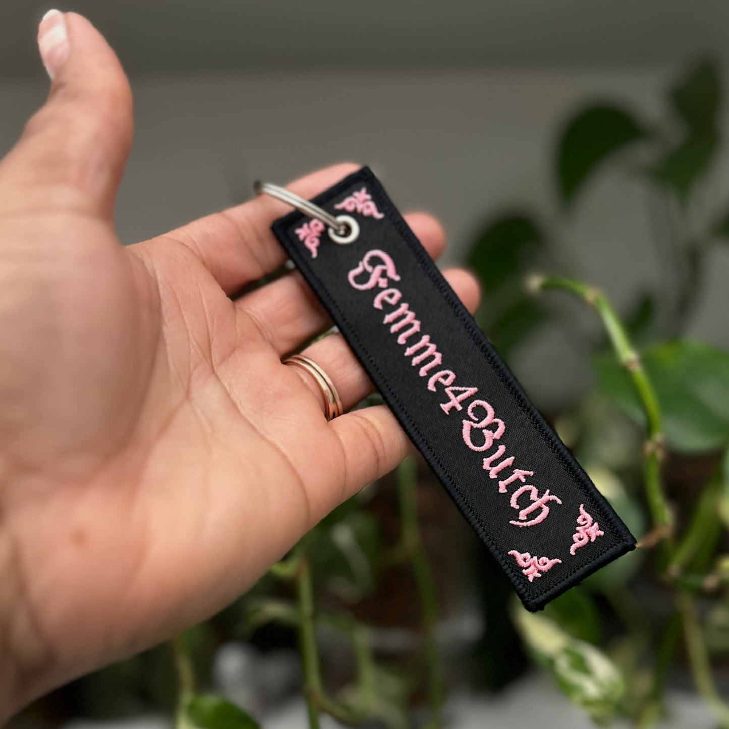 Pink and Black Embroidered Femme4Butch Keychain with Sliver Keyring