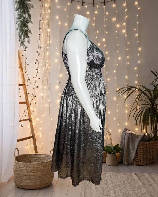 Sliver Shiny Spaghetti Sleeve Maxi Dress