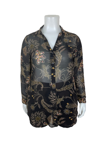 Sheer Black Button Up Blouse w/ ~Tan Floral & Subtle + Partial Houndstooths Pattern