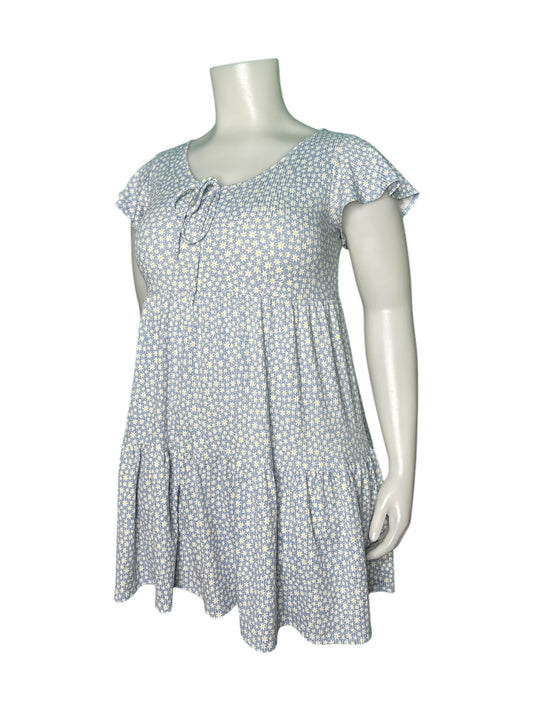 Baby Blue w/ White Floral Patterned Cap Sleeved Mini Dress