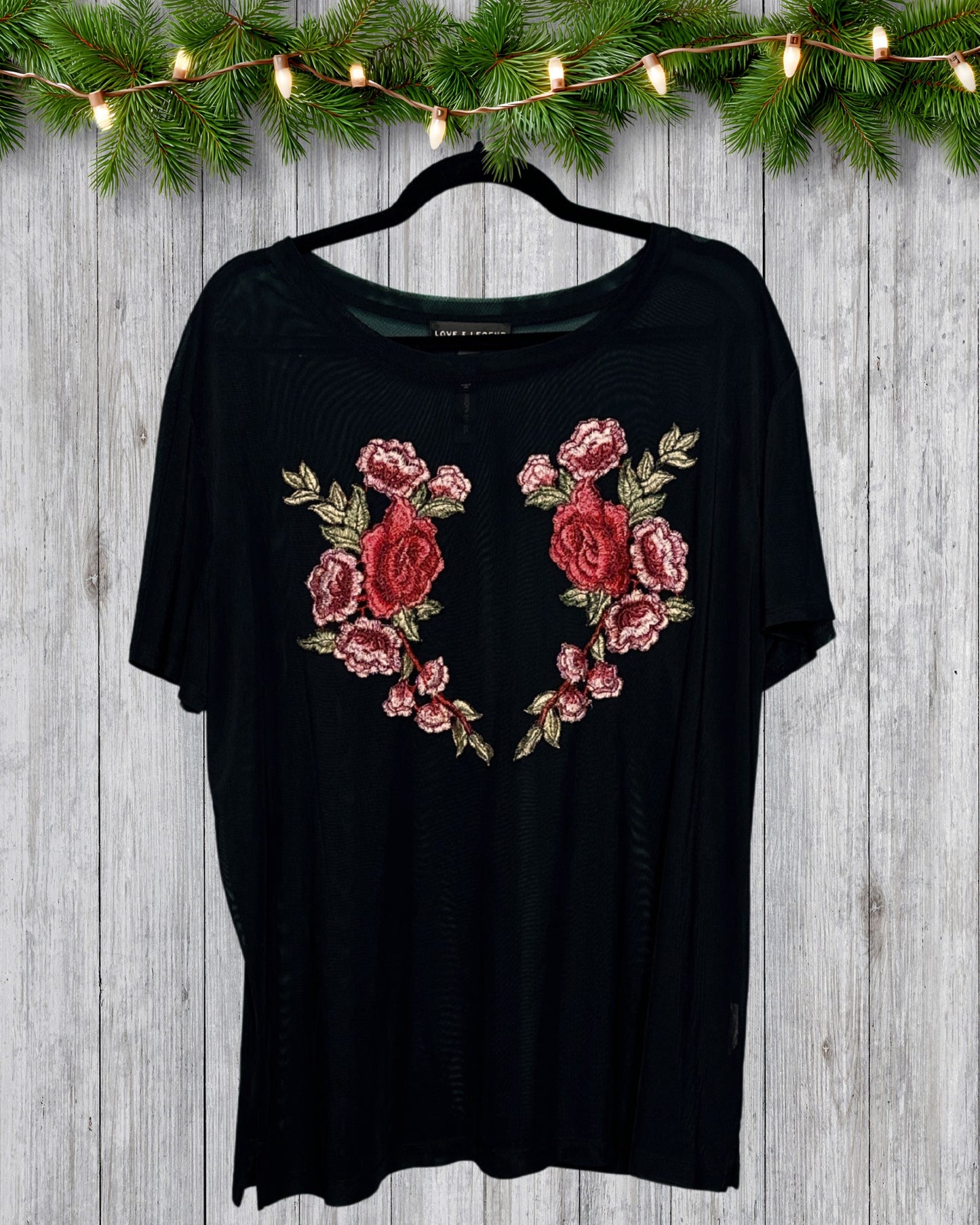 Black Sheer w/ Red & Pink Embroidery Pattern T-Shirt
