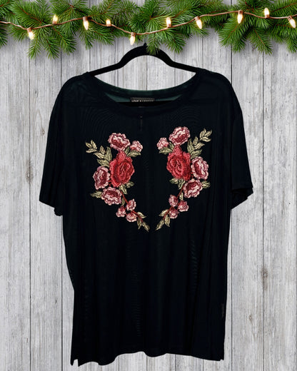 Black Sheer w/ Red & Pink Embroidery Pattern T-Shirt