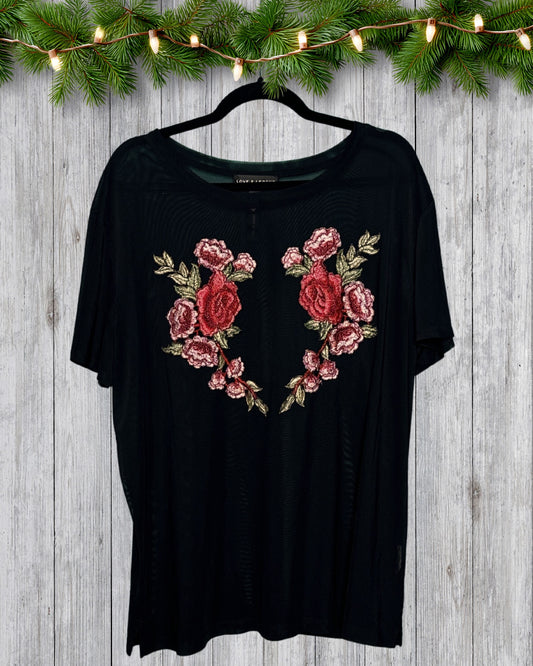 Black Sheer w/ Red & Pink Embroidery Pattern T-Shirt