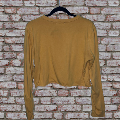 Yellow Long Sleeved "Weekend Mood" Graphic Crop Top