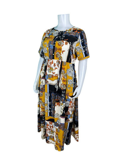 Yellow, White & Brown Floral Short Sleeve Maxi Dress