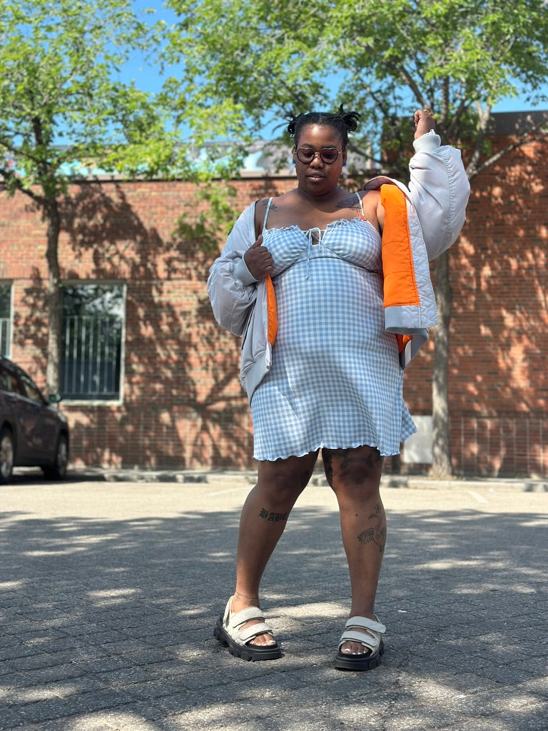 Light Blue Gingham Spaghetti Strap Mini Dress