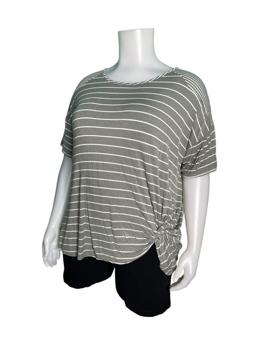 Grey & White Striped T-Shirt with Tied Detail