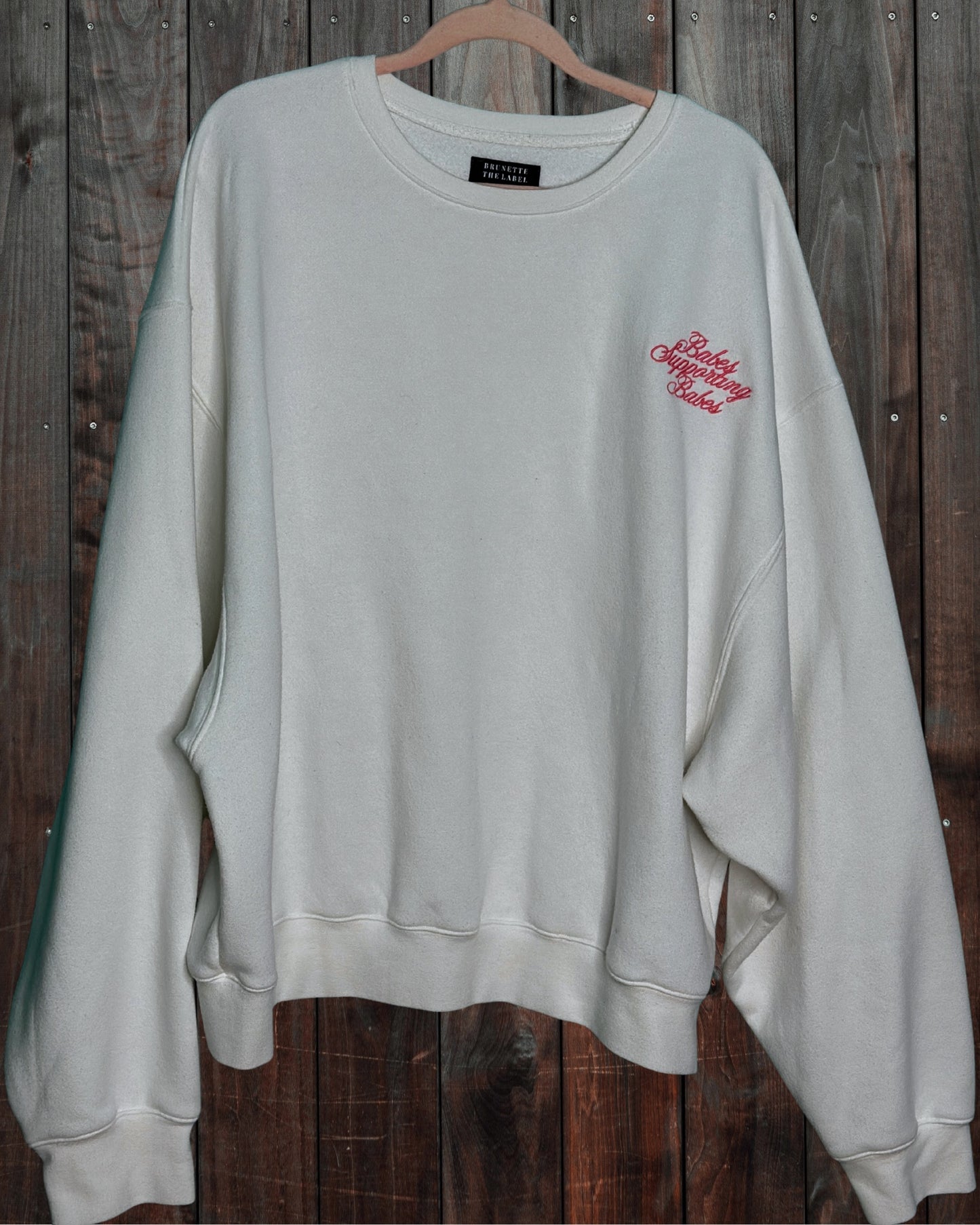 White with Pink "Babes Supporting Babes" Embroidery Crewneck Sweater