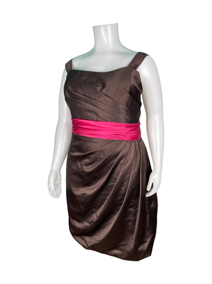 Brown Dress Bridesmaid Dress w/ Pockets & Bright Pink Sash