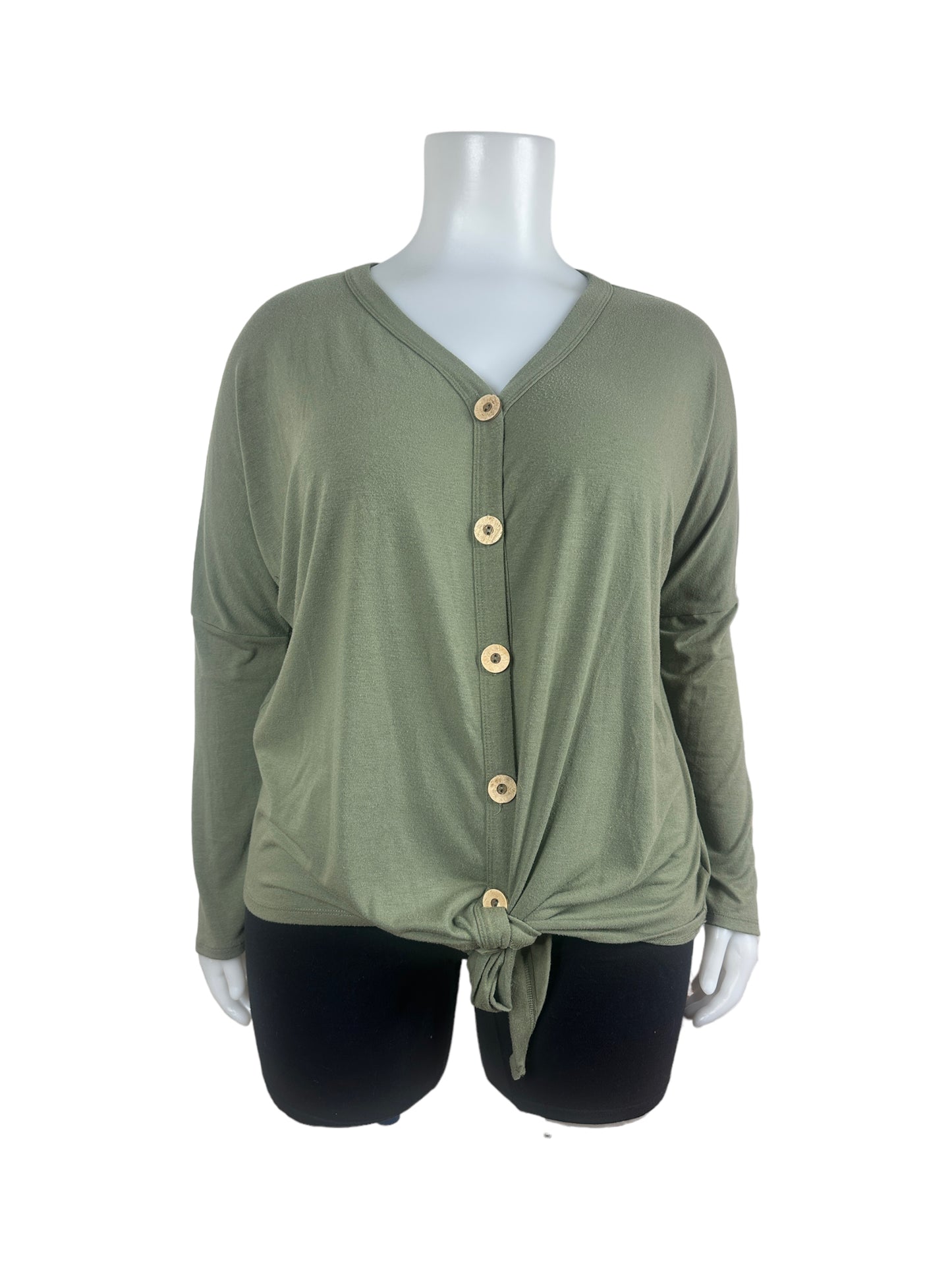 "Zenana Premium" Green Long-sleeve Shirt with Buttons and Tie(1X)