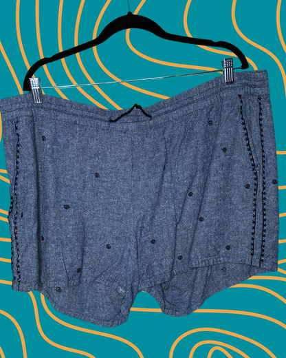 Blue w/ Navy Blue Embroidery Patterned Shorts