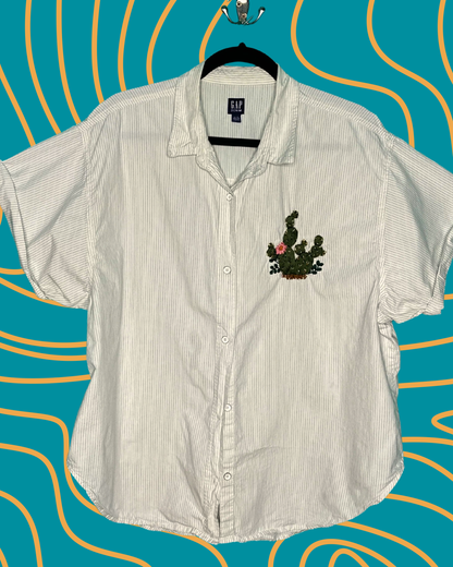 White w/ Tiny Pin Stripped Short Sleeved Button up w/ Cactus Embroidered Detail