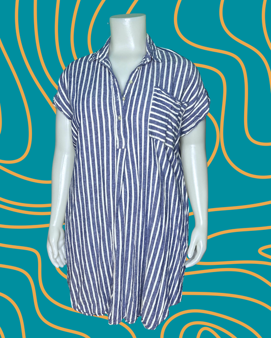 Blue & White Vertical Cap Sleeved Button up  Dress