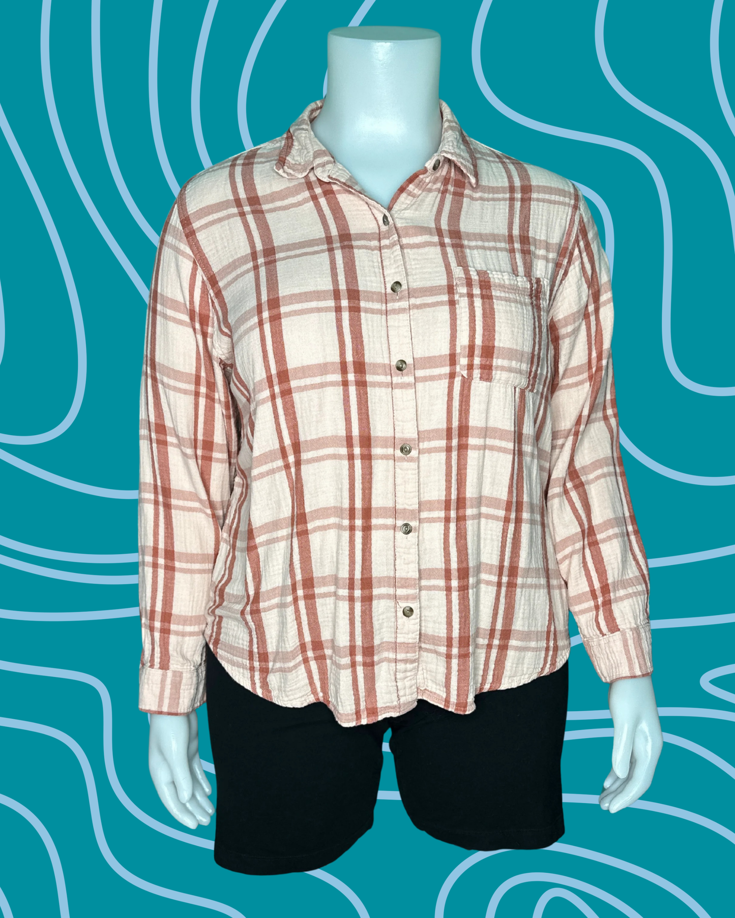 Peach and Rose Long Sleeve Plaid Button up Shirt