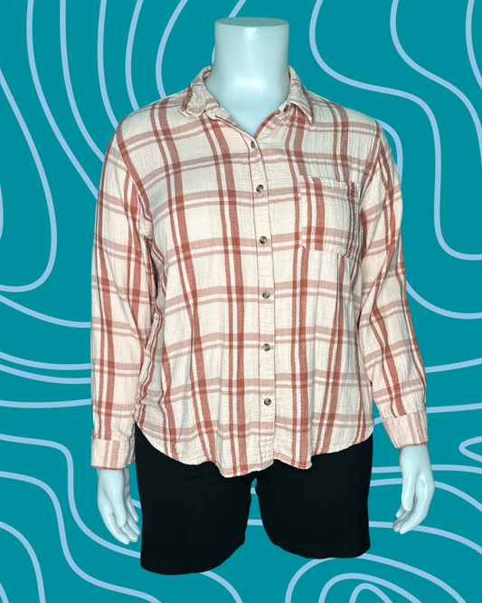 Peach and Rose Long Sleeve Plaid Button up Shirt