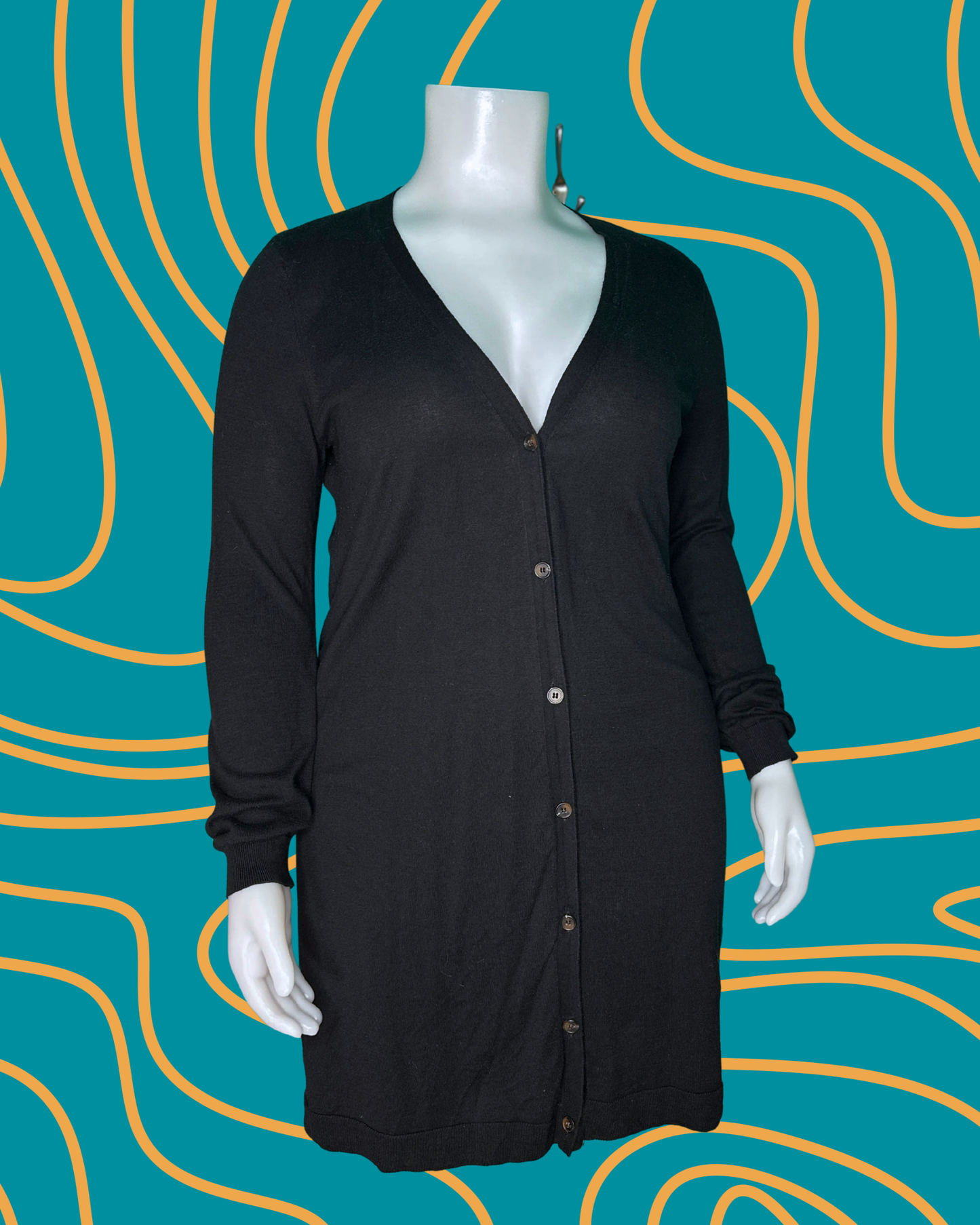 Black V-Neck Long Sleeved Knit Button up Dress