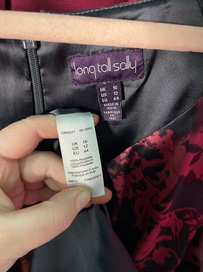 Burgundy & Black Floral Cap Sleeved Satin Dress w/ Pockets