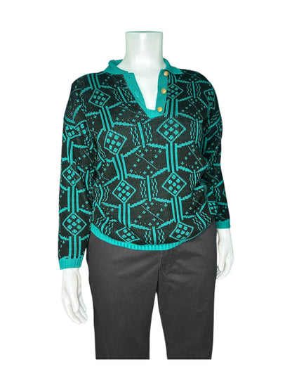 Vintage Black and Teal Long sleeved Jumper w/ Shoulder Pads