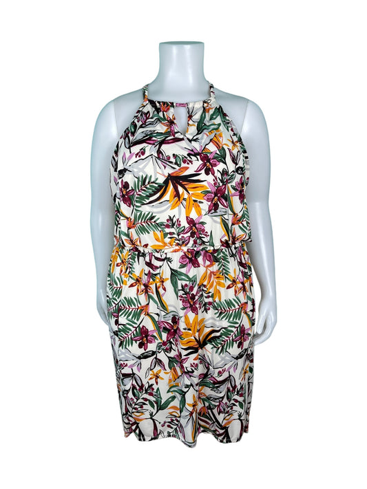 White Dress w/ Purple & Orange Tropical Floral Halter Dress