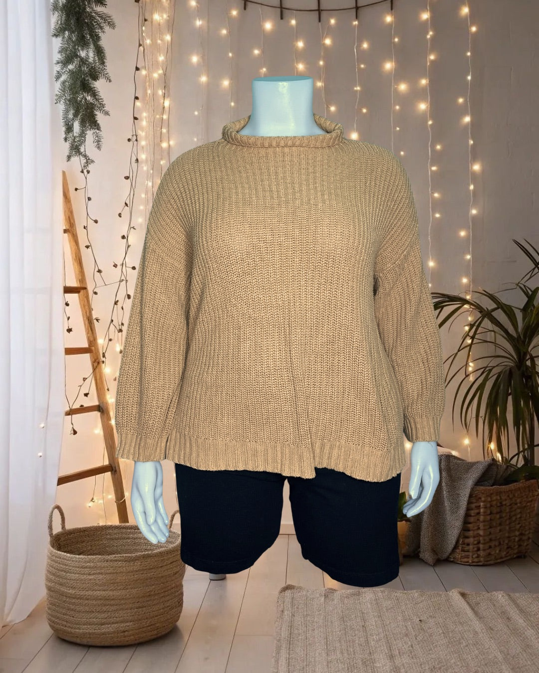Tan Mock-neck Knit Sweater