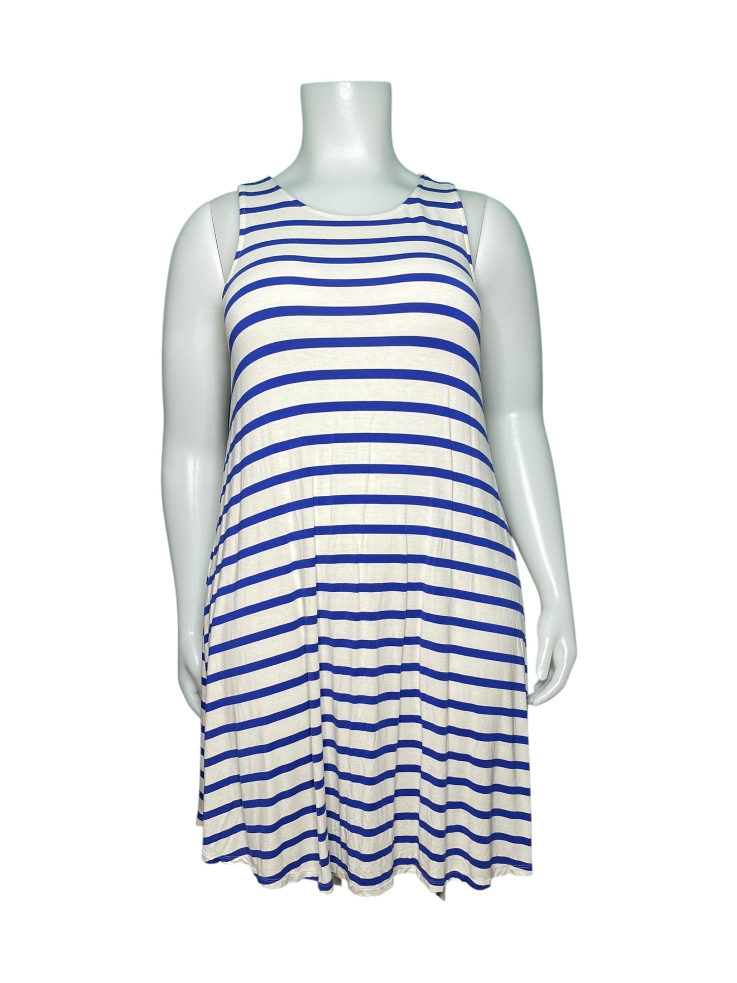 White and Blue Horizontal Striped Sleeveless Dress